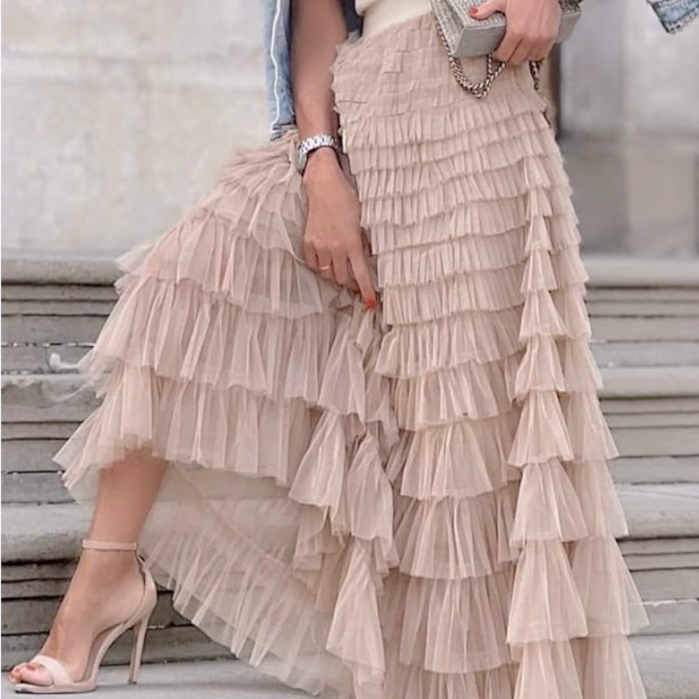 Elegant Pink Beige Layered Skirt SZ M